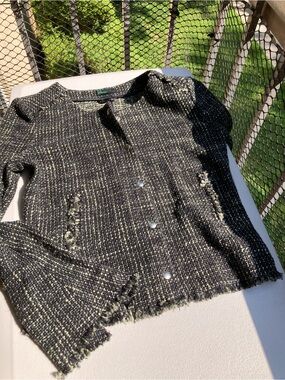 Stile Benetton Tweed Black and Green Tweed Zip Jacket Bell Sleeve Blazer